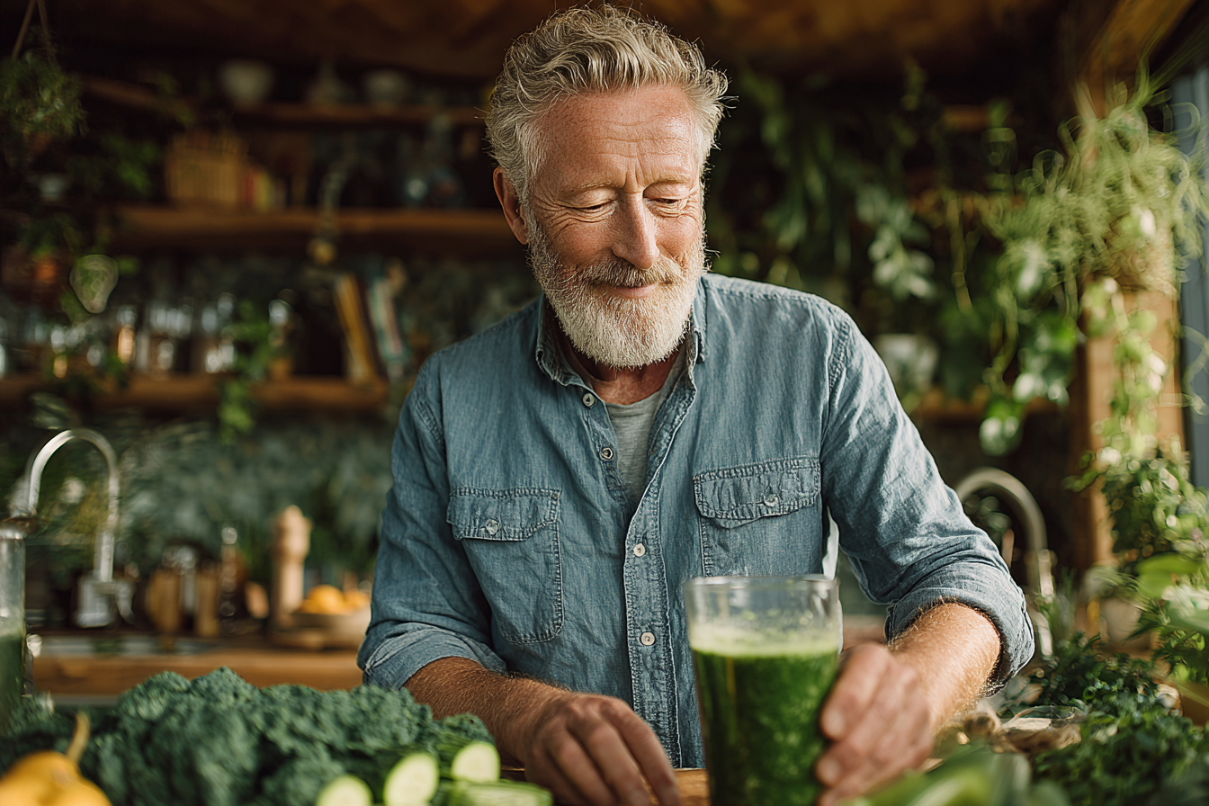 Чоловік середнього віку готує здорову їжу